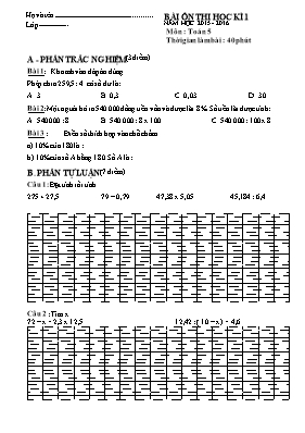 Đề ôn thi học kỳ 1 môn Toán Lớp 5 - Năm học 2015-2016